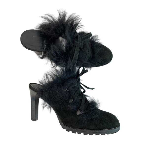 Coach Black Fur-Trim Kristy High Heel Mules Suede Size 9.5B 7269 Italy Bootie - Picture 1 of 12